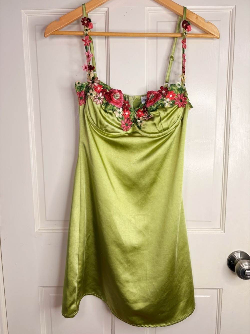 Green Floral-Trim Satin Mini Dress - Picture 1 of 3